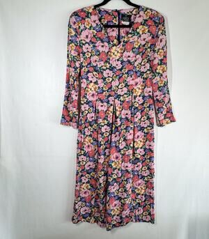 Fritzi California Rayon Floral Romper Jumpsuit M Pleated Wide Leg V Neck Long